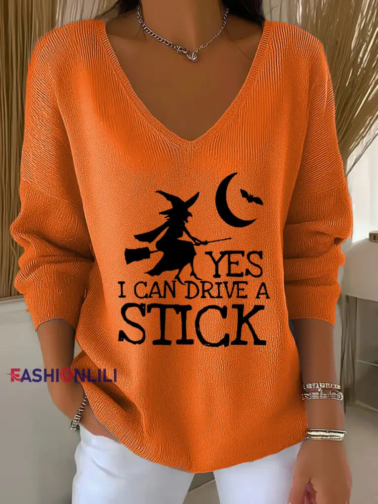 Women’s witch ’Yes I Can Drive A Stick’ print knit top Orange / S
