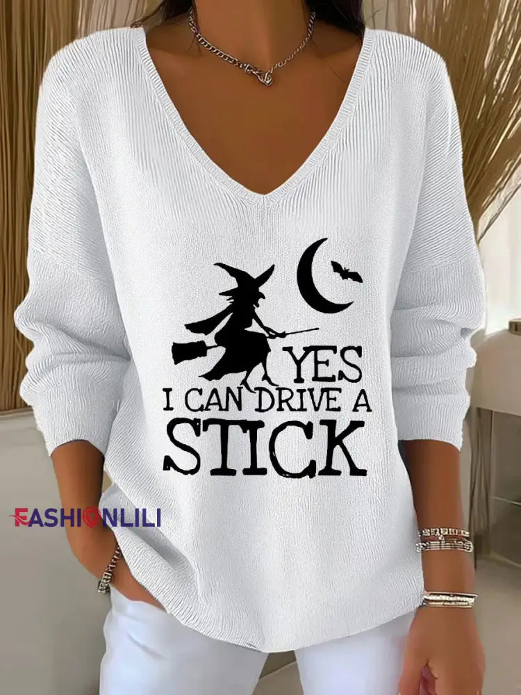 Women’s witch ’Yes I Can Drive A Stick’ print knit top White / S