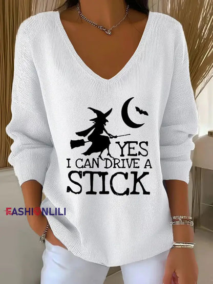 Women’s witch ’Yes I Can Drive A Stick’ print knit top White / S