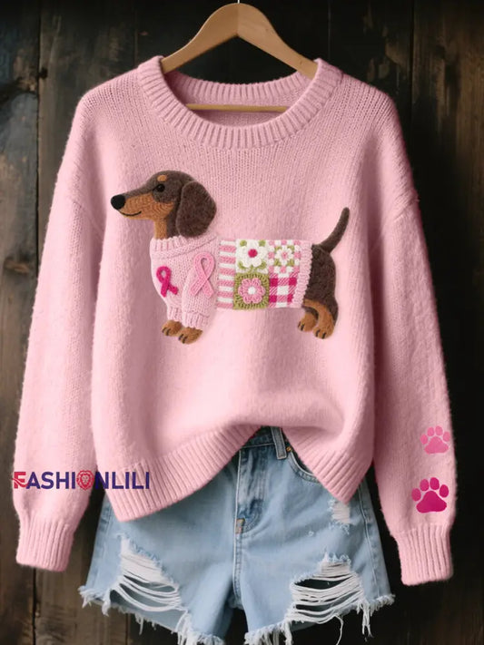 Women’s Wool Felt Art Dachshund Pattern Cozy Knit Sweater Pink / S